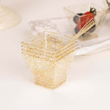 24 Pack | 2oz Gold Glittered Clear Disposable Square Snack Bowl and Spoon Set