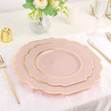 10 Pack | 8 Blush/Rose Gold Hard Plastic Dessert Appetizer Plates, Disposable Tableware, Baroque Heavy Duty Salad Plates with Gold Rim