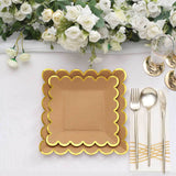 25 Pack | 9 Square Natural Brown Paper Dinner Plates With Gold Scalloped Rim, Party Plates