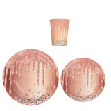 72 Pcs Rose Gold Disposable Dinnerware Set With Diamonds Glitter Drip Pattern#whtbkgd