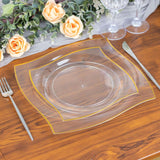 10 Pack | 8inch Clear / Gold Wavy Rim Modern Square Plastic Dessert Salad Appetizer Party Plates
