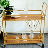 3ft Gold Metal 2-Tier Bar Cart Wine Rack With Wooden Serving Trays, Kitchen Trolley 5 Wine Bottles