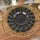 10 Pack | 11 Black Disposable Dinner Plates With Gold Ruffled Rim, Round Plastic Party Plates