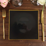 10 Pack | 8inch Black / Gold Concave Modern Square Plastic Dessert Plates, Disposable Salad Plates