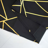 60"x102" Black Rectangle Polyester Tablecloth With Gold Foil Geometric Pattern