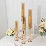 Set of 4 Gold Crystal Glass Hurricane Taper Candle Holders With Tall Cylinder Chimney Tubes