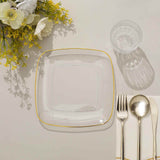 10 Pack | 7inch Clear with Gold Rim Square Plastic Salad Party Plates, Dessert Appetizer Plates