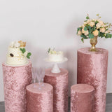 Set of 5 Dusty Rose Crushed Velvet Cylinder Pedestal Stand Covers, Premium Pillar Prop Covers