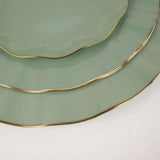 10 Pack | 11 Dusty Sage Disposable Dinner Plates With Gold Ruffled Rim, Round Plastic Party Plates