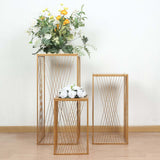 Set of 3 Gold Metal Square Floral Display Stands with Geometric Crossed Lines Pattern