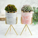 8" Grey | White Marble Swirl Ceramic Flower Pot Succulent Planter with Metal Gold Stand