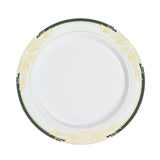 10 Pack | 10inch White With Hunter Emerald Green Rim Plastic Dinner Plates With Gold Vine Design