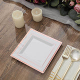 10 Pack - 7inch Rose Gold Trim White Square Plastic Salad Dessert Plates