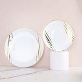 10 Pack | White & Gold Brush Stroked 10inch Round Plastic Dinner Plates