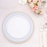 10 Pack White Renaissance Disposable Dinner Plates With Gold Navy Blue Chord Rim, Plastic Party