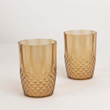 6 Pack Amber Gold Reusable Plastic Tumbler Glasses in Crystal Cut Style