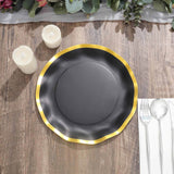 25 Pack | 10inch Matte Black / Gold Wavy Rim Disposable Dinner Plates, Round Paper Party Plates