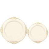 10 Pack | 10inch Ivory Gold Leaf Embossed Baroque Plastic Dinner Plates