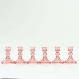 6 Pack Dusty Rose Diamond Pattern Glass Pillar Votive Candle Stands Reversible Crystal Taper