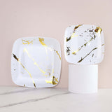 10 Pack | 8inch White / Gold Marble Square Plastic Salad Plates, Disposable Appetizer Party Plates