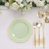 8inch Sage Green Plastic Dessert Salad Plates, Disposable Tableware Round With Gold Scalloped Rim