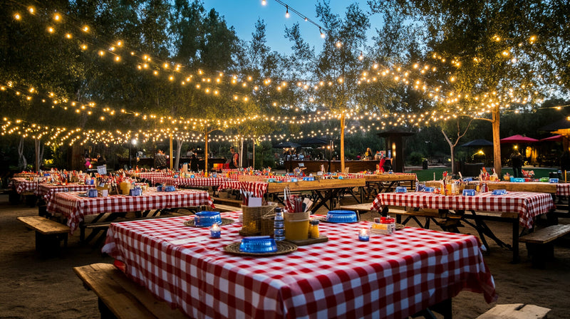 Outdoor corporate event decor with string lights and checkered tablecloths.