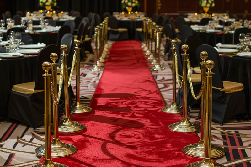 Red carpet and stanchions for a glamorous corporate event decor theme.