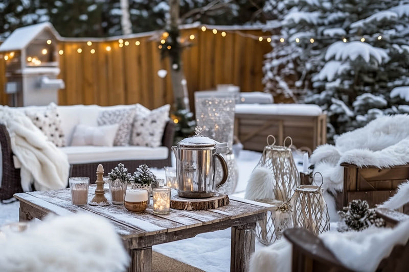 Winter wonderland corporate event decor with cozy seating and snow-covered accents.