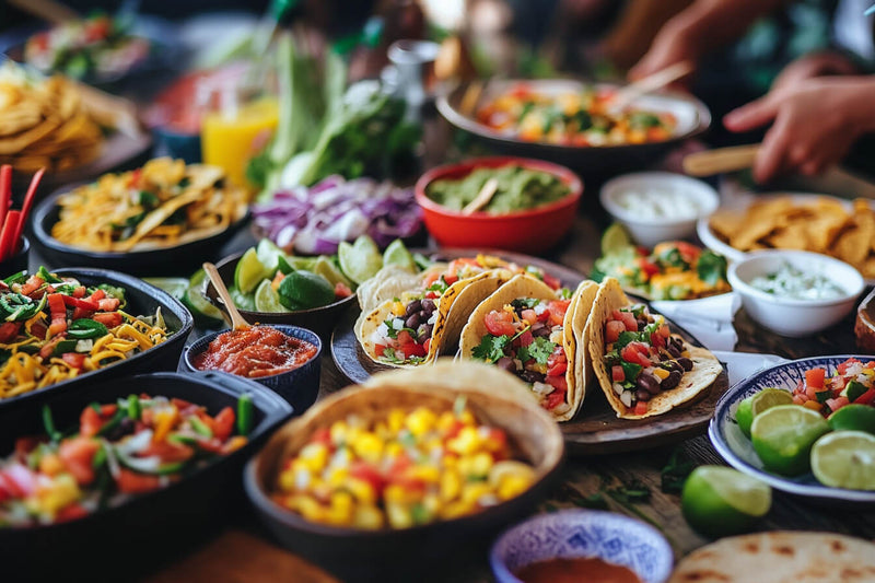 Vibrant taco fiesta setup with colorful food display for corporate event decor.