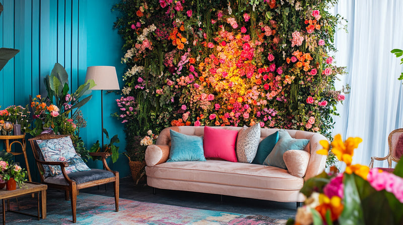 Bright floral wall and cozy seating area for corporate event decor.