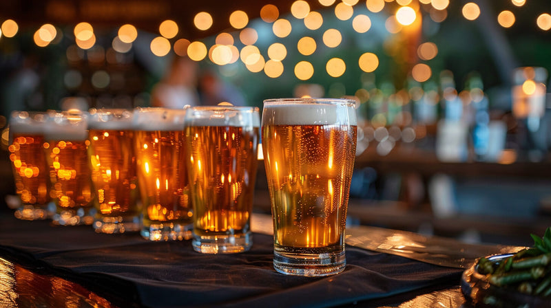 Beer glasses lined up with warm lighting for a corporate event decor happy hour.