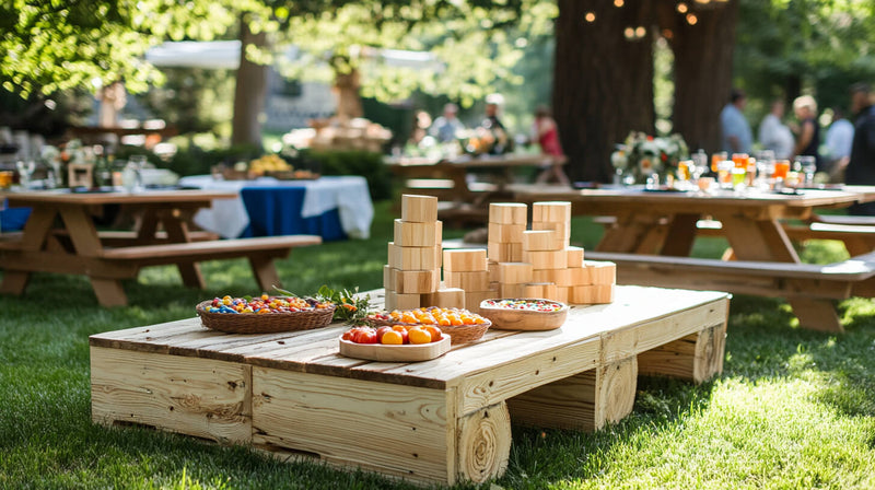 Outdoor lawn games setup with picnic tables for casual corporate event decor.