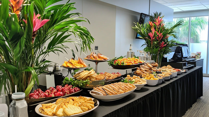Elegant corporate brunch buffet with fresh tropical floral arrangements for event decor