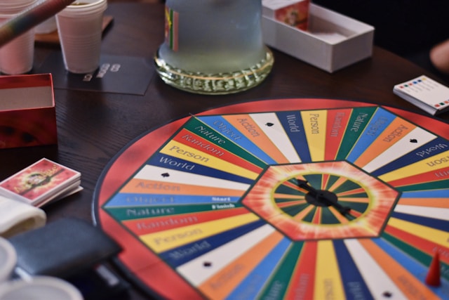Colorful game board setup for interactive corporate event decor.