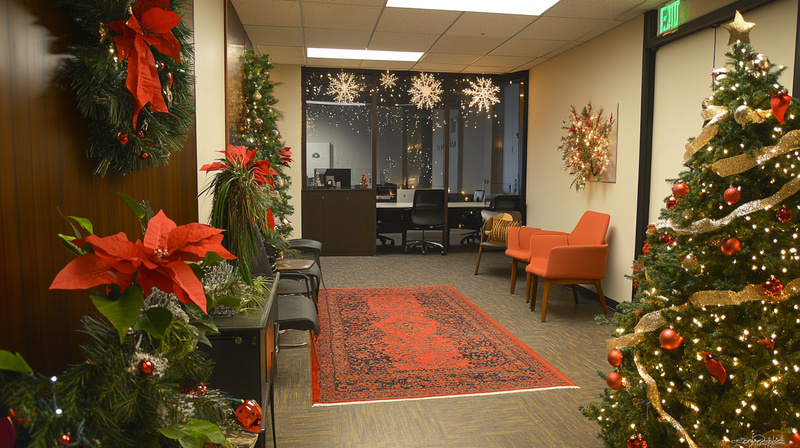 Office decorated with wreaths, Christmas trees, and lights for a corporate holiday party.