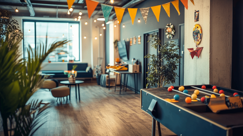 Office setup with decorations for corporate holiday party games and activities.