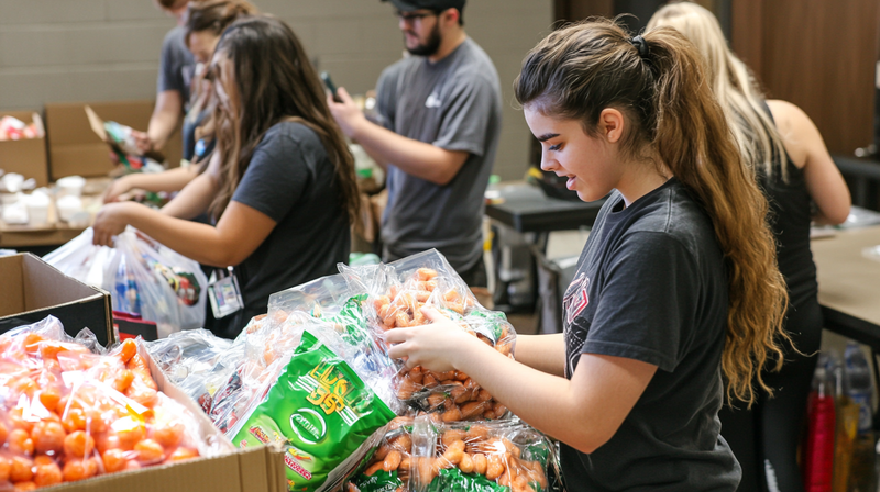 Volunteers packing groceries as part of a corporate holiday party giving back event.