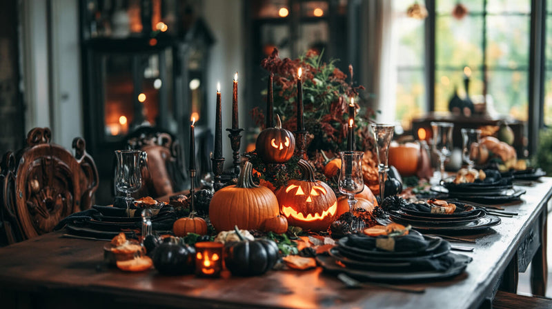 A cozy Halloween family dinner setup with jack-o'-lanterns and candles.