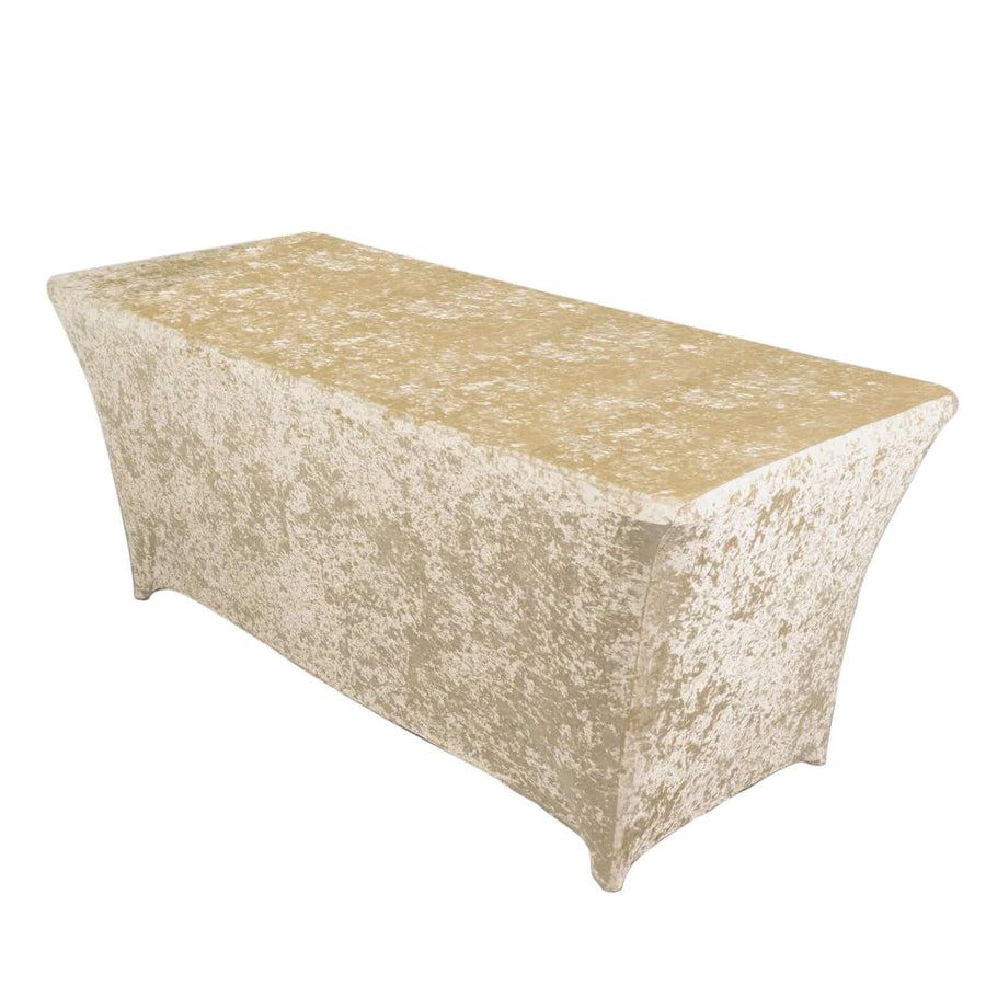 6ft Beige Crushed Velvet Spandex Fitted Rectangular Table Cover