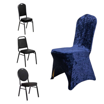 Crushed Velvet Spandex Banquet Chair Cover Fitted Slipcover Navy Blue - Stretch 190GSM Slipcover with Foot Pockets