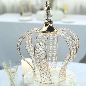 Crystal-Bead Royal Crown Cake Topper Metallic Gold - Dazzling Cake Centerpiece Decor for Luxurious Birthdays Receptions & Romantic Celebrations 14"