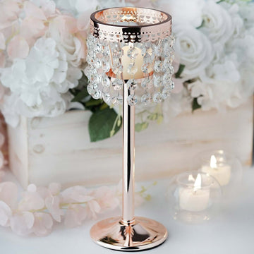 Crystal Beaded Chandelier Metal Candle Holder Rose Gold - Sophisticated Pillar Tealight Stand 12"