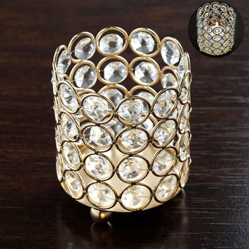 Crystal Beaded Metal Votive Tealight Holder Gold - Stylish Multipurpose Table Vase for Decor 4"