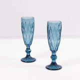 6 Pack Ocean Blue Crystal Cut Wine Goblet Toast Glasses, 6oz Textured Champagne Flute