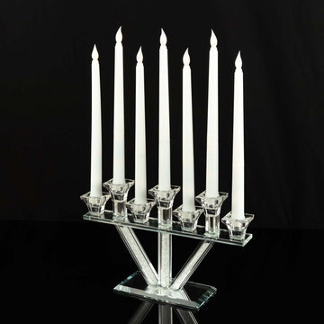 Crystal Glass Candelabra, 7-Branch Taper Candle Stick Holder Stand Table Centerpiece With Crystal Filler and Mirror Base 12"