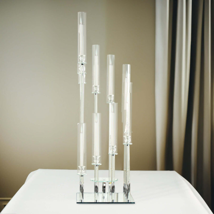 4.5ft Crystal 12-Arm Cluster Glass Taper / Pillar Square Candle Stand, Hurricane Candle