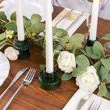 Set of 6 Hunter Emerald Green Ribbed Crystal Glass 3inch Taper Candle Holders, Reversible