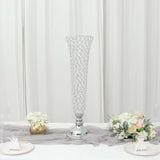 2 Pack | Silver 32inch Tall Crystal Beaded Trumpet Vase Set, Table Centerpiece