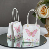 12 Pack Pink Glitter Butterfly Paper Favor Bags With Handles, Floral Print White Gift Bags