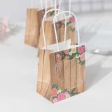 12 Pack Natural Wood Print Paper Party Favor Bags with Rose Floral Accent, Small Gift Goodie Bags